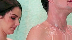 Hot busty brunette masseuse Valentina Nappi suck her clients big cock in the shower