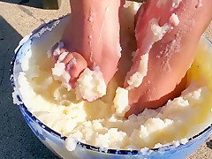 I Couldnt Resist Sticking My Feet Into The Mash Potatoes As Well - Thanksgiving Food Play 2