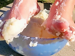 I Couldnt Resist Sticking My Feet Into The Mash Potatoes As Well - Thanksgiving Food Play 2
