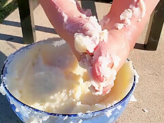 I Couldnt Resist Sticking My Feet Into The Mash Potatoes As Well - Thanksgiving Food Play 2