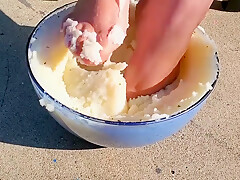 I Couldnt Resist Sticking My Feet Into The Mash Potatoes As Well - Thanksgiving Food Play 2
