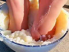 I Couldnt Resist Sticking My Feet Into The Mash Potatoes As Well - Thanksgiving Food Play 2