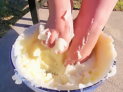 I Couldnt Resist Sticking My Feet Into The Mash Potatoes As Well - Thanksgiving Food Play 2