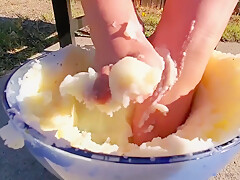 I Couldnt Resist Sticking My Feet Into The Mash Potatoes As Well - Thanksgiving Food Play 2