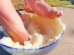 I Couldnt Resist Sticking My Feet Into The Mash Potatoes As Well - Thanksgiving Food Play 2