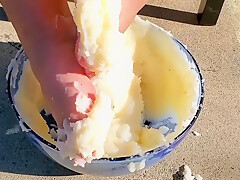 I Couldnt Resist Sticking My Feet Into The Mash Potatoes As Well - Thanksgiving Food Play 2