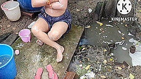 Lady B - Indian House Wife Bathing Outside