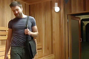 Massive cock shemale anal fucks male in sauna