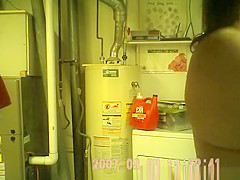 Mature chubby woman drying her body