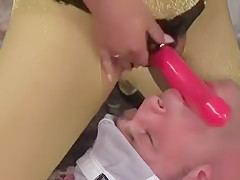 Mistress shows pipe in mans pee hole
