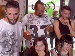 Naked shaved pussy babe fucked in public