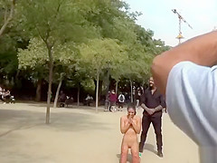 Naked slim brunette fucked in public