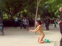 Naked slim brunette fucked in public