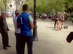 Naked slim brunette fucked in public