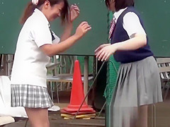 Naughty Japanese schoolgirls 18+ pissing in secret public place