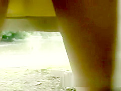 Nervous blonde milf flashing in the park