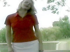 Nervous blonde milf flashing in the park