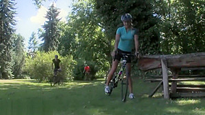 Nifty biker babe milks two pricks with ease
