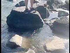 Nude Beach Risky Public Sex on a Rock Island in River