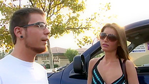 Older brunette seduces youn stud to fuck her on the couch