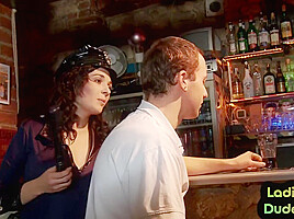 Pegging police CFNM babes in bar fuck strapon sissy in 3way