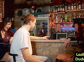 Pegging police CFNM babes in bar fuck strapon sissy in 3way