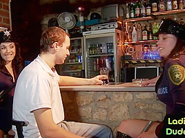 Pegging police CFNM babes in bar fuck strapon sissy in 3way