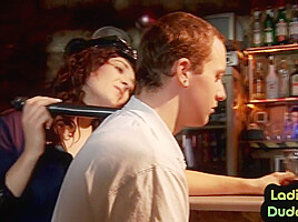 Pegging police CFNM babes in bar fuck strapon sissy in 3way