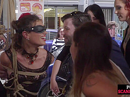 Public BDSM slut humiliated and spanked by audience