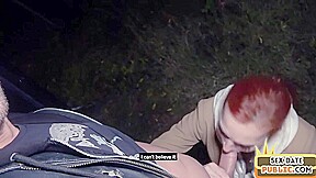 Public amateur redhead skinny MILF fucked outdoor in POV