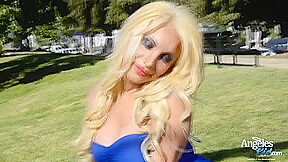 Public modeling in a blue dress