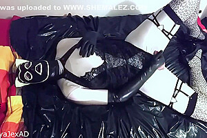 Rubber Kitten Kalya Cum And Licks It From Her Hand