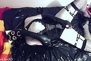 Rubber Kitten Kalya Cum And Licks It From Her Hand