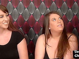 SPH femdom ladies jerking good cock in front of small one