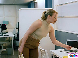 Secretary licked and strapon fucked by dominant lesbian boss