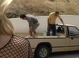 Sexy Blonde In Black Fishnet Top Gives Head And Gets Fucked By Three Guys