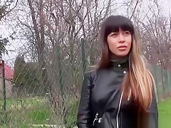 Sexy brunette babe Mona Kim sucking and fucking outdoor