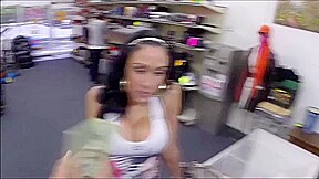 Sexy brunette kneels down to suck Shawns cock for money