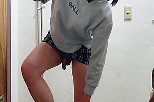 Shemale Beauty-legged Transvestite Cums On Her Legs In The Stairwell