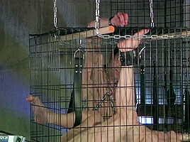 Sizzling Bdsm Action For Hot Blonde Bound In Cage And Double Ended With Robotic Dildos