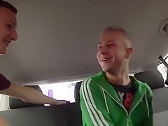 Skinny twink bitch Adam Watson has anal threesome in the car