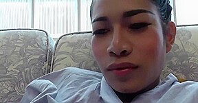 Slender Ladyboy in Lace Panties gives a Blowjob to her Boyfriend in the Armchair