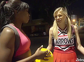 Slutty blonde cheerleader with pigtails makes love with a black chick, although they arent lesbians