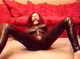 Stratijacket girl struggling and cumming on the floor