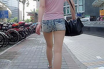 Street candid teen 18+ ass wrapped in tiny jeans shorts