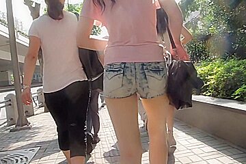 Street candid teen 18+ ass wrapped in tiny jeans shorts