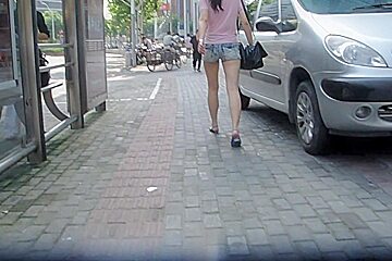 Street candid teen 18+ ass wrapped in tiny jeans shorts