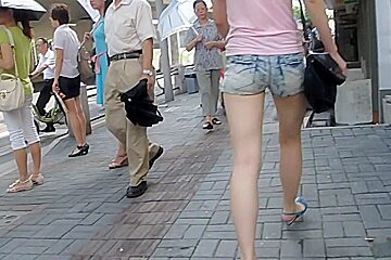 Street candid teen 18+ ass wrapped in tiny jeans shorts