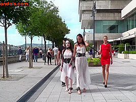 Submissive sluts fucked and humiliated in public orgy