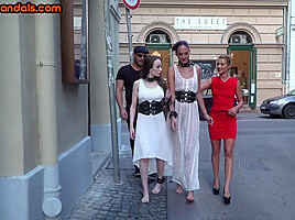 Submissive sluts fucked and humiliated in public orgy